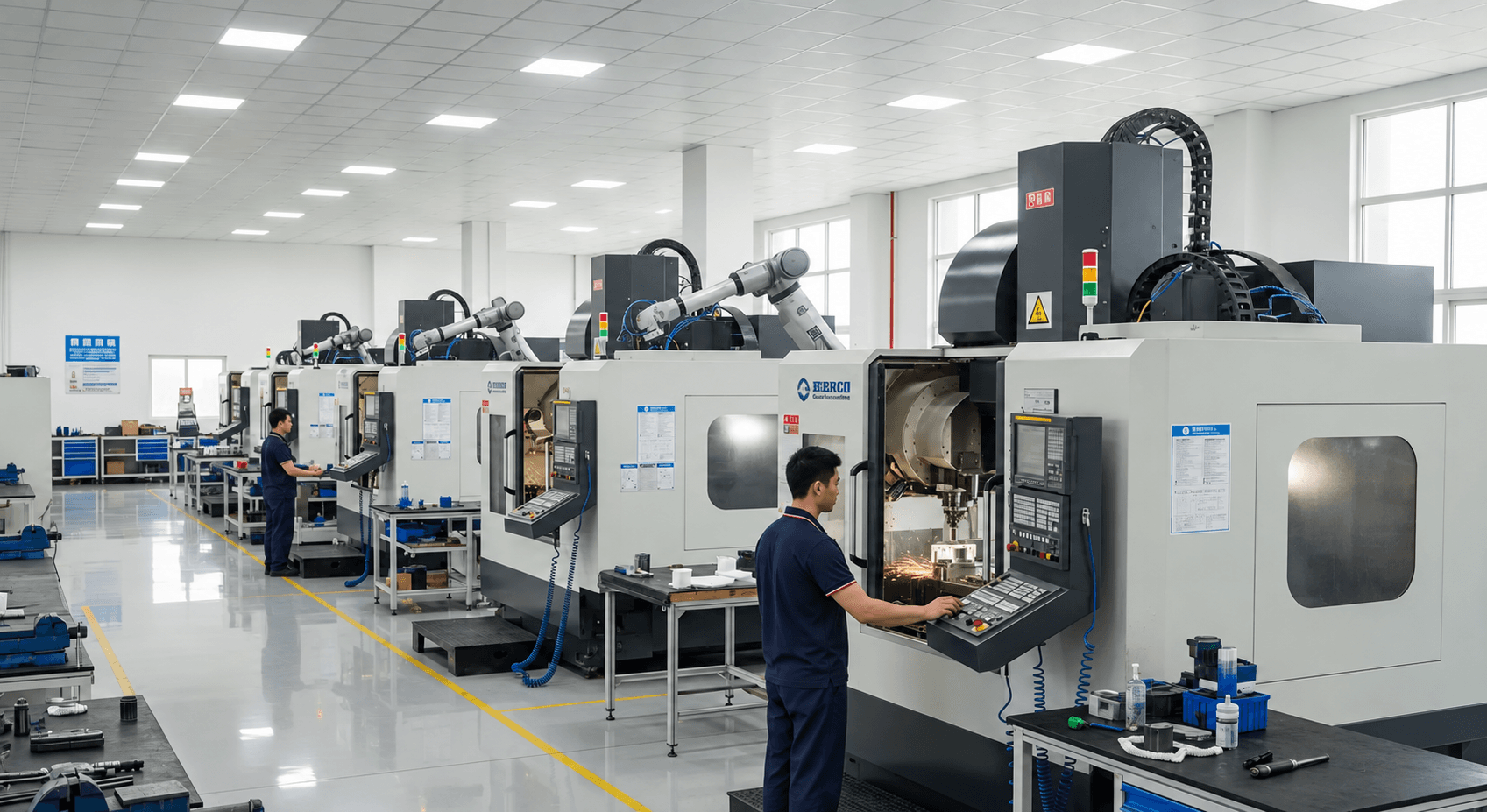 Atelier CNC avec deux opérateurs en tenue de travail bleu marine