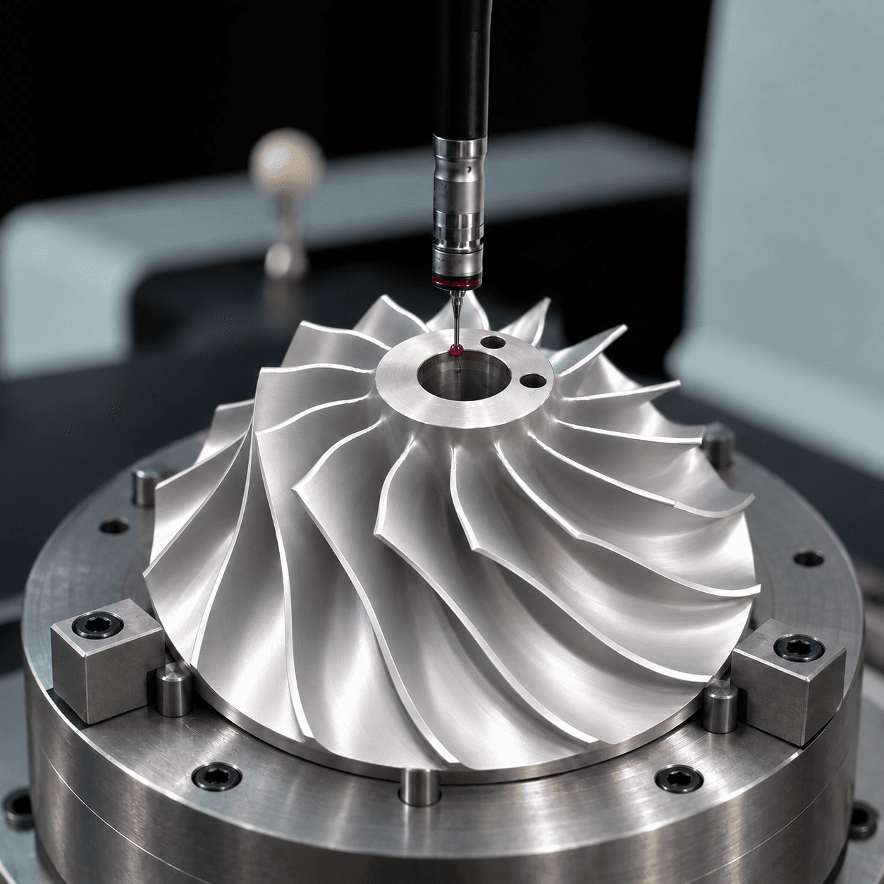 CMM probe inspecting a machined aluminum impeller secured on a precision fixture