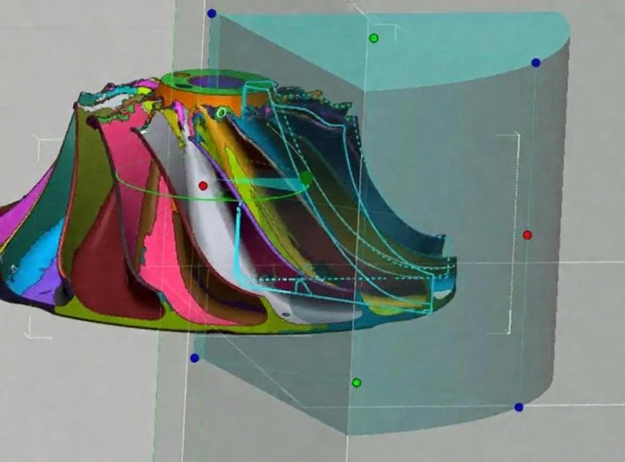 Damaged impeller shown from wear evidence through scan segmentation and geometry recovery, view 3