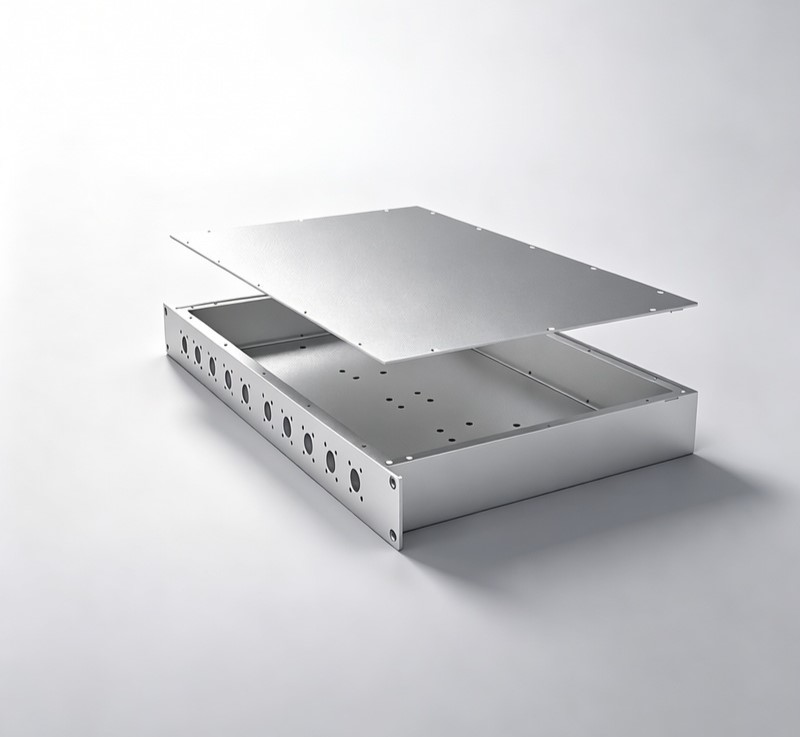 Aluminum audio enclosure with cover lifted to show internal mounting features