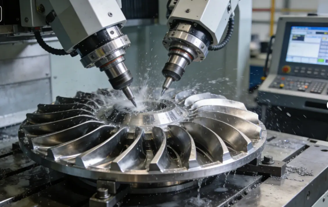 CNC-Bearbeitung eines Metalllaufrads mit gekrümmten Schaufeln
